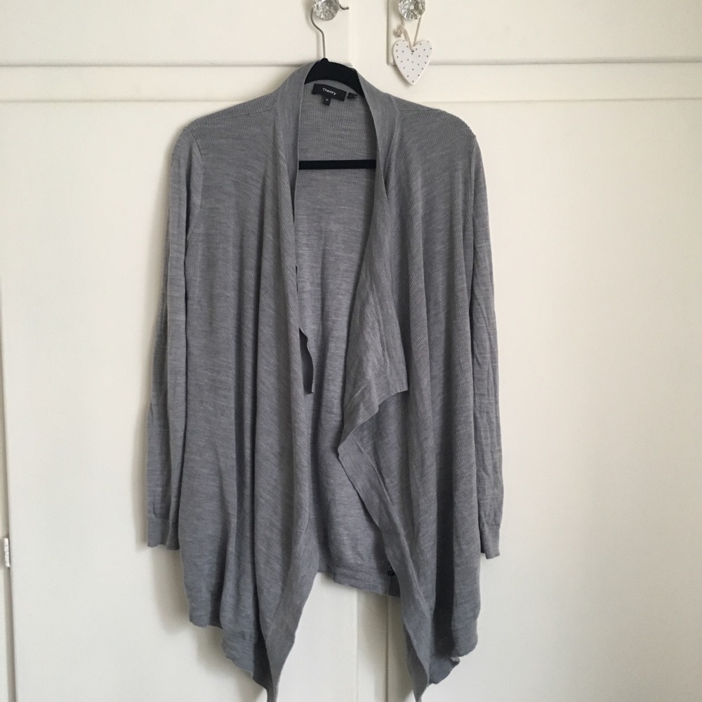 Theory Gray Wool Knit Sweater Waterfall Cardigan M